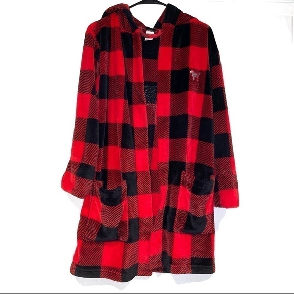 Victoria’s Secret Robe Buffalo Plaid Plush Fuzzy Striped Bling Sequins Big Logo - Picture 2 of 11